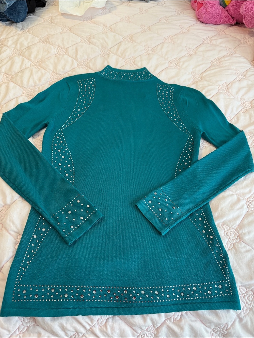 Teal Stud-Embellished Long-Sleeve Knit Top